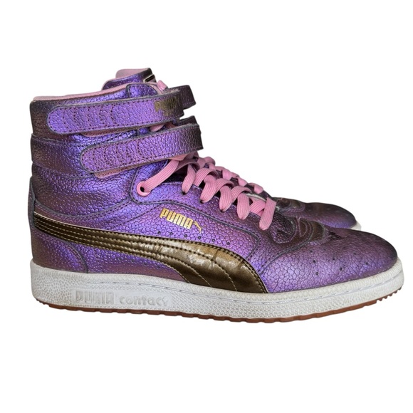 Puma Shoes - Puma Purple Metallic High-Top Sneakers with Pink Laces and Gold Stripe